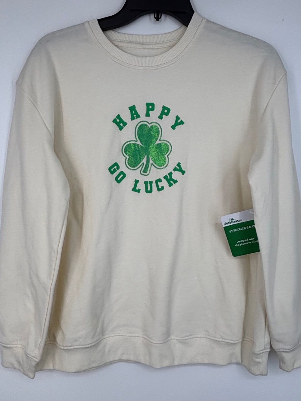 Celebrate St Patrick's Day Youth Size XXL Pullover Sweatshirt Ivory Lucky Clover